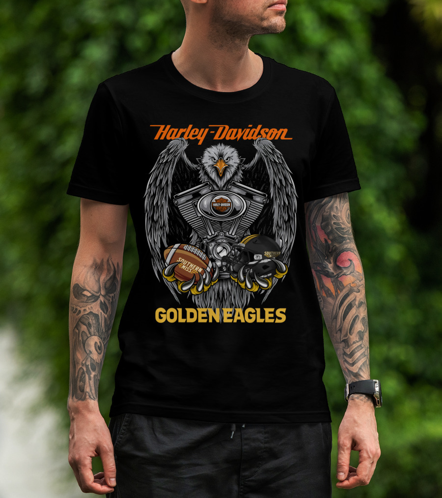 Harley Davidson Southern Miss Golden Eagles Ncaa Football Helmet And Engine T-Shirt