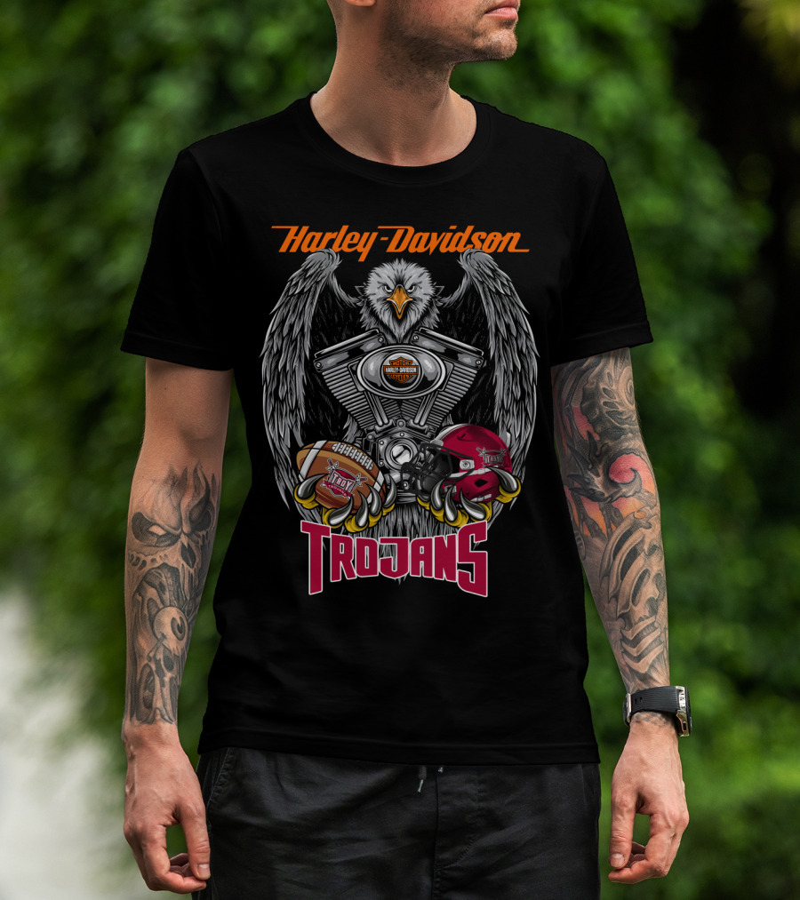 Harley Davidson Seattle Trojans Football Motorcycle Engine Eagle T-Shirt