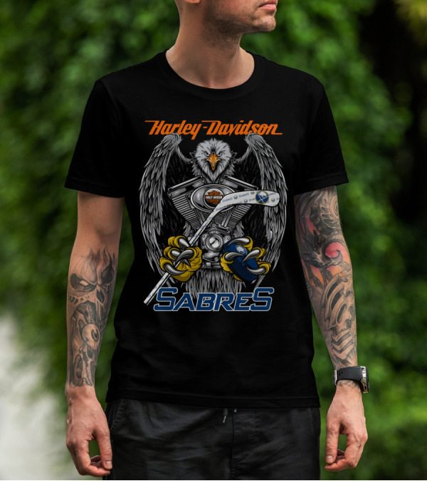 Harley Davidson Sabres Nhl Hockey Engine Eagle T-Shirt