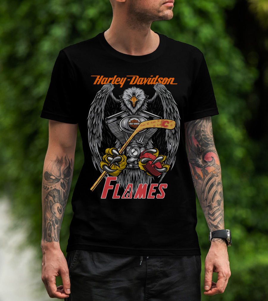 Harley Davidson Flames Nhl Calgary Hockey Eagle Engine T-Shirt