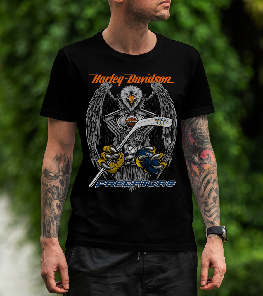 Harley Davidson Predators Nhl Eagles And Hockey Motif T-Shirt