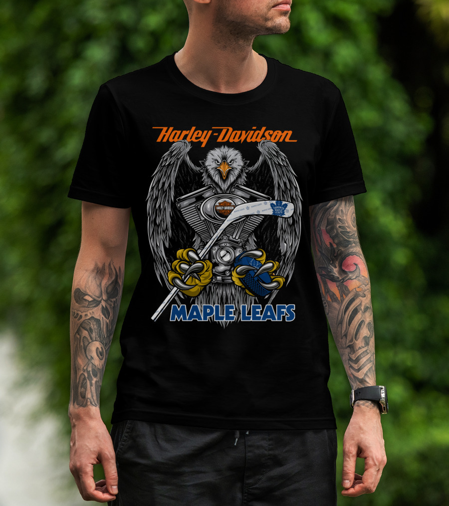 Harley Davidson Maple Leafs Nhl Collaboration With Eagle And Hockey Motif T-Shirt