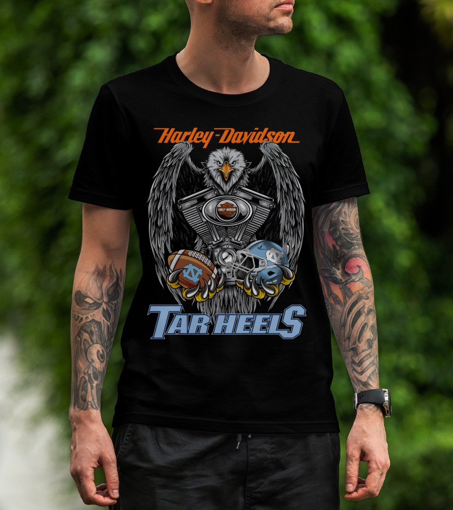 Harley Davidson Tar Heels Eagle With Engine Football And Helmet T-Shirt