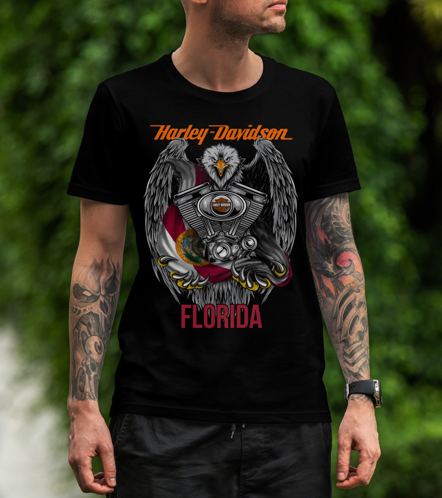 Harley Davidson Florida Eagle With Engine And State Flag T-Shirt