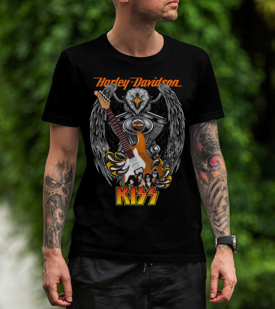 Harley Davidson Motor Cycles Kiss Band Eagle Guitar T-Shirt