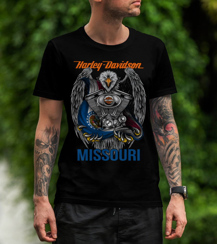 Harley Davidson Missouri Eagle Emblem With Engine And Flag Motif T-Shirt