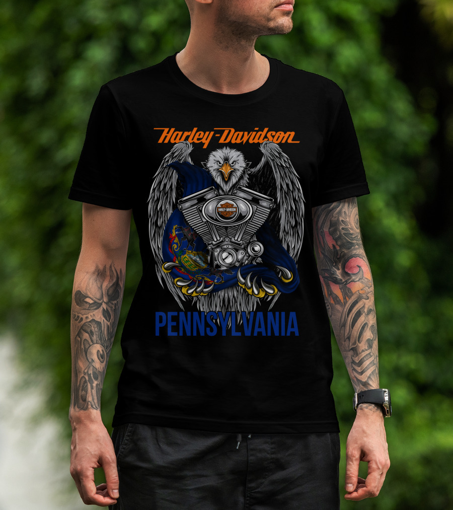 Harley Davidson Pennsylvania Eagle With Engine And State Seal T-Shirt