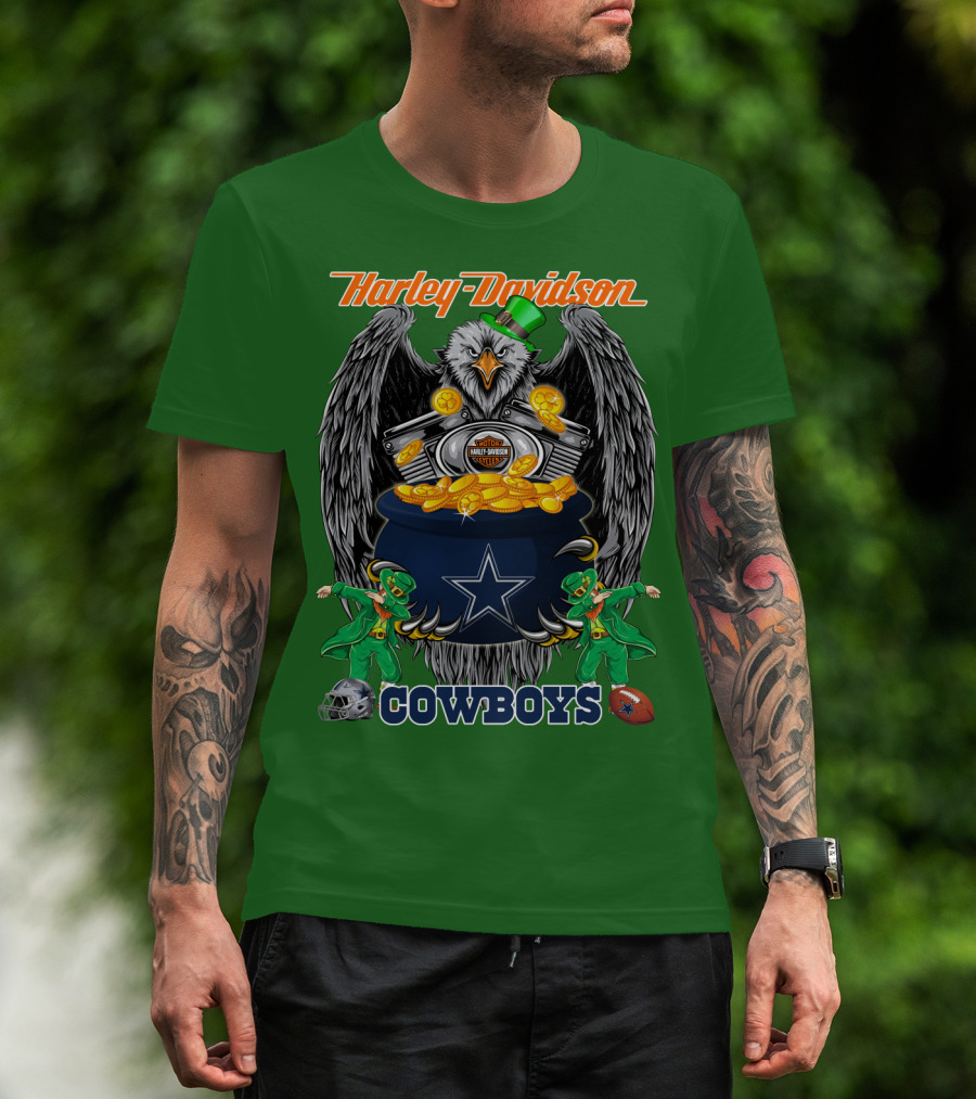 Harley Davidson Nfl Dallas Cowboys Eagle With Leprechauns And Pot Of Gold T-Shirt