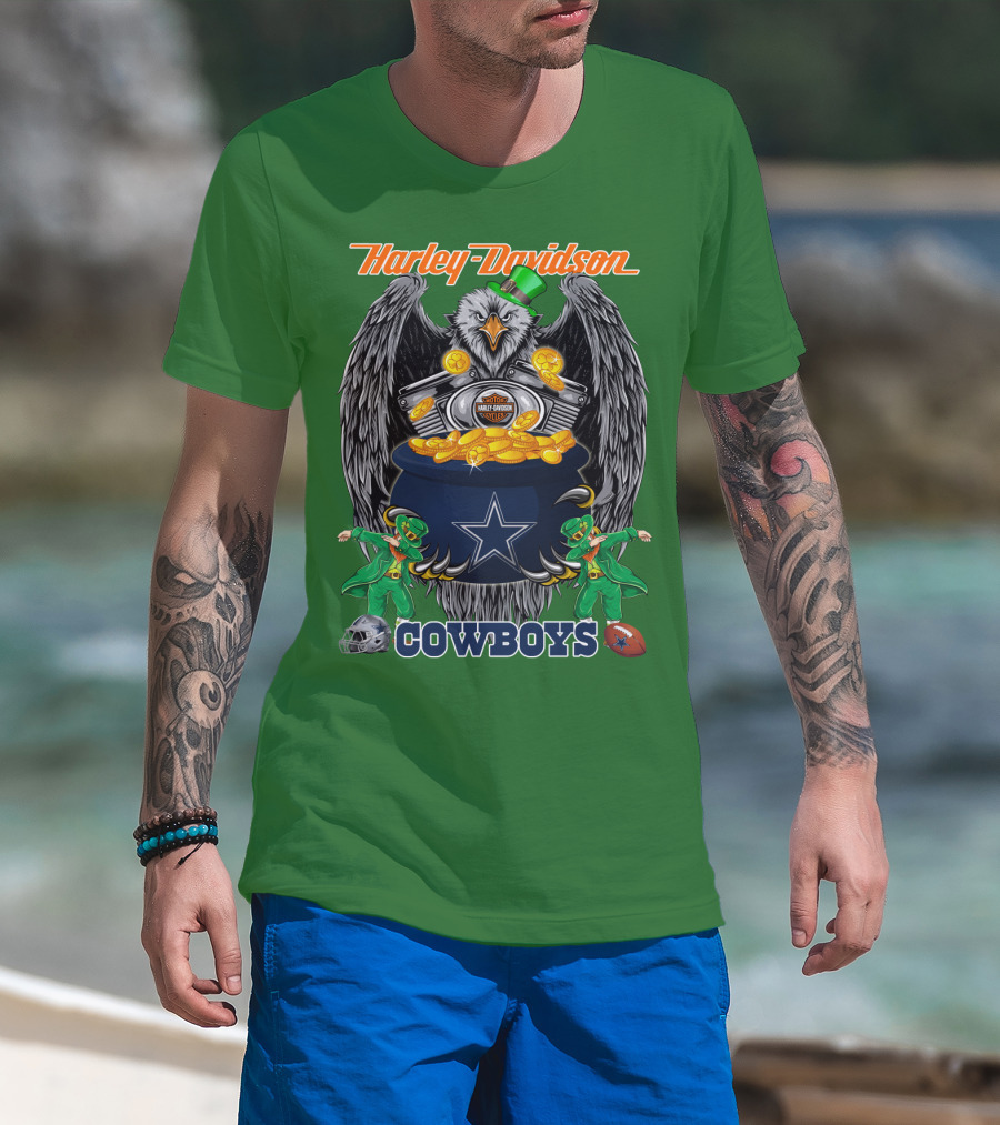 Harley Davidson Nfl Dallas Cowboys Eagle With Leprechauns And Pot Of Gold T-Shirt