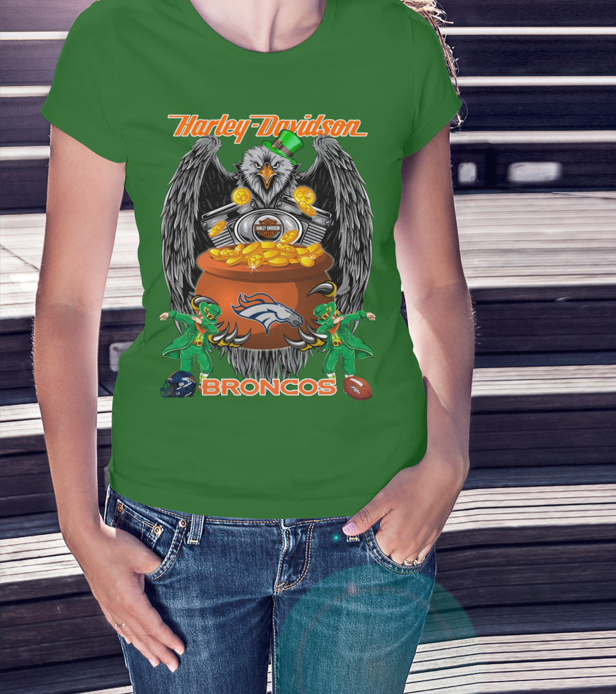 Harley Davidson Denver Broncos Nfl Leprechaun Eagle Pot Of Gold T-Shirt