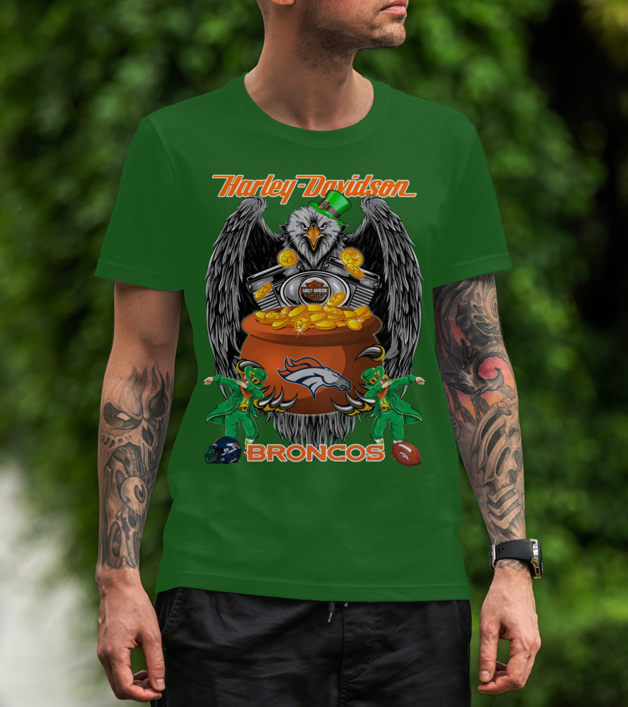 Harley Davidson Denver Broncos Nfl Leprechaun Eagle Pot Of Gold T-Shirt