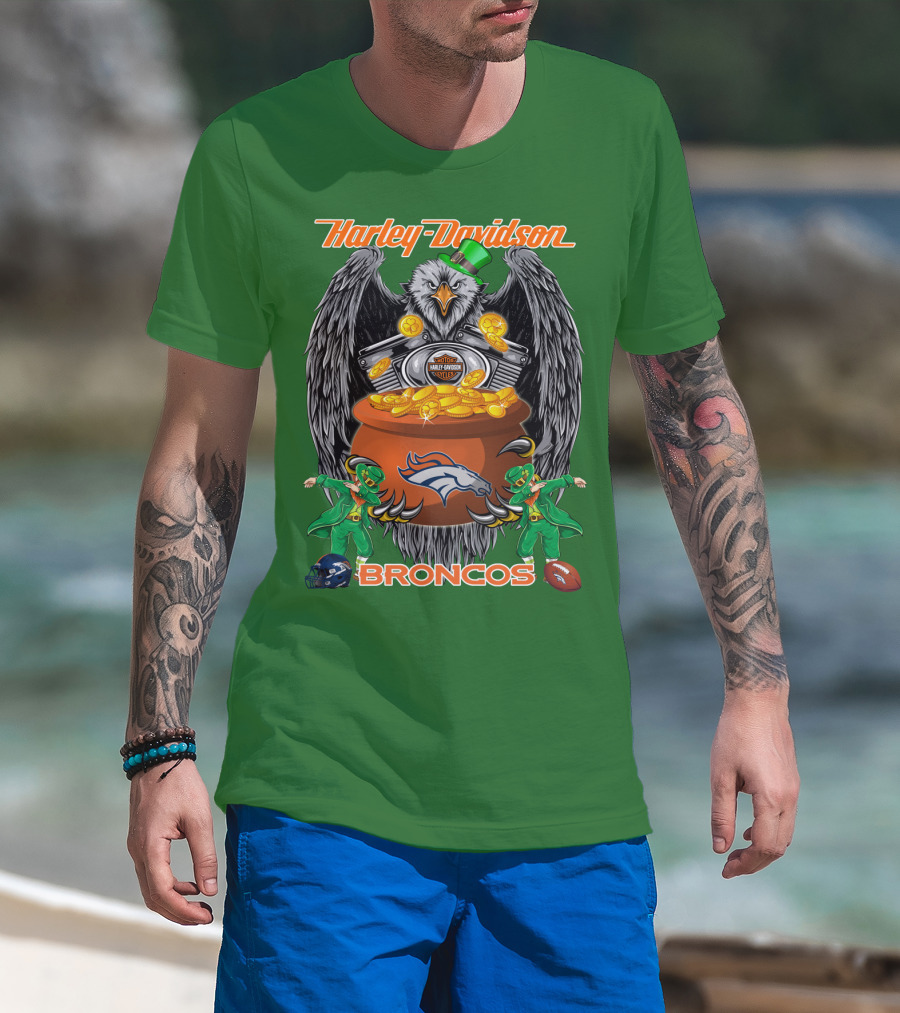 Harley Davidson Denver Broncos Nfl Leprechaun Eagle Pot Of Gold T-Shirt