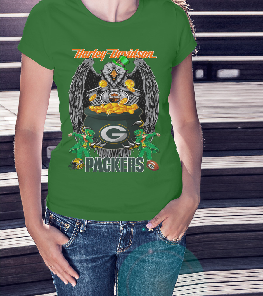 Harley Davidson Packers Nfl Green Bay Eagles And Leprechauns With Coins T-Shirt