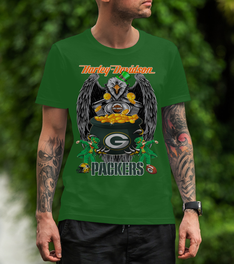 Harley Davidson Packers Nfl Green Bay Eagles And Leprechauns With Coins T-Shirt