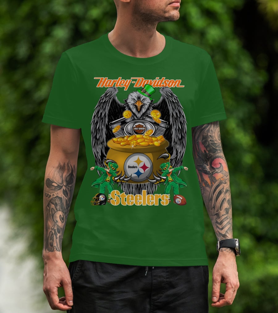 Harley Davidson Steelers Eagle Leprechaun Gold Nfl Pittsburgh T-Shirt