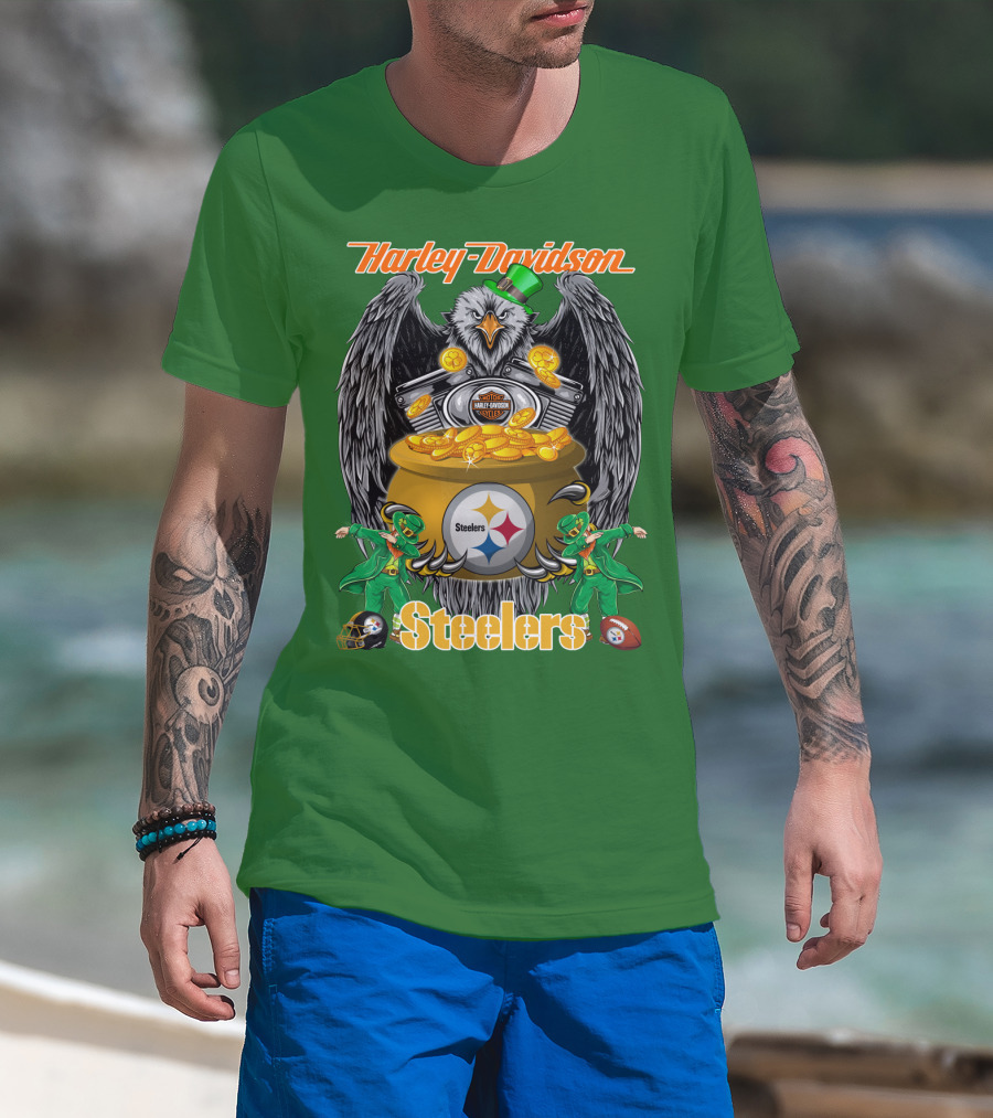 Harley Davidson Steelers Eagle Leprechaun Gold Nfl Pittsburgh T-Shirt