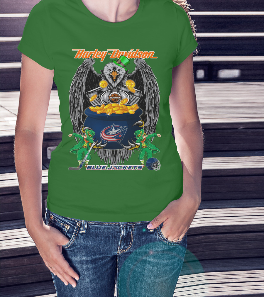 Harley Davidson Columbus Blue Jackets Nhl Eagle Leprechaun Gold Coins Green Hat T-Shirt