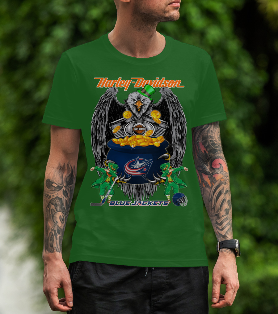 Harley Davidson Columbus Blue Jackets Nhl Eagle Leprechaun Gold Coins Green Hat T-Shirt