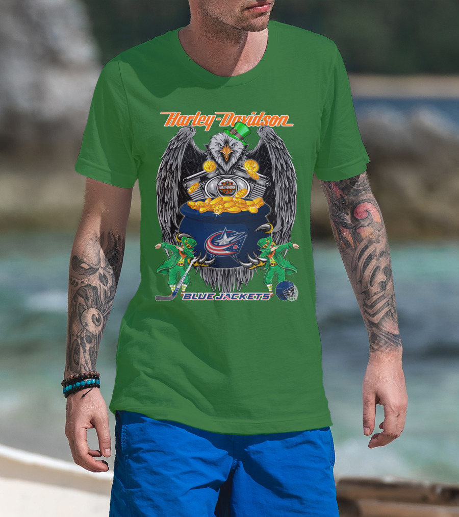 Harley Davidson Columbus Blue Jackets Nhl Eagle Leprechaun Gold Coins Green Hat T-Shirt