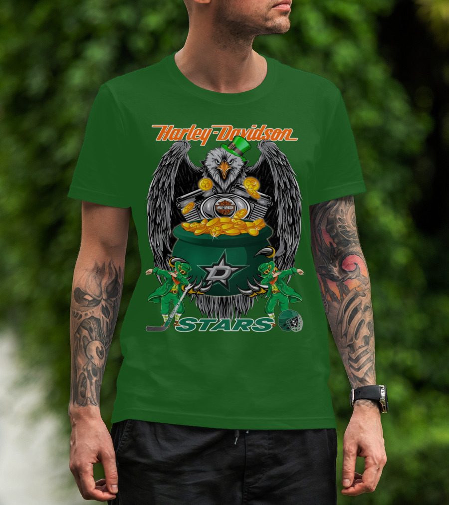 Harley Davidson Dallas Stars Nhl Eagle With Leprechauns And Hockey Gear T-Shirt