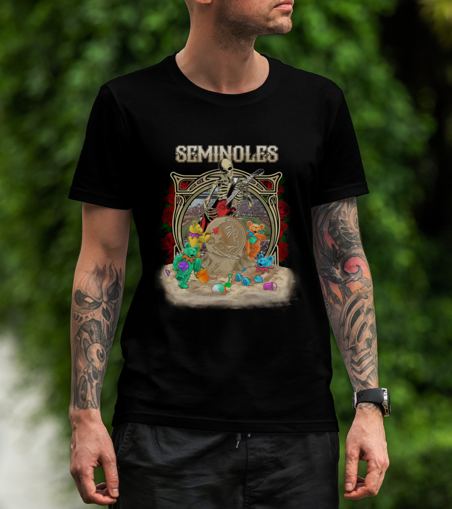 Seminoles Skeleton With Guitar And Teddy Bears At Sandcastle Scene T-Shirt