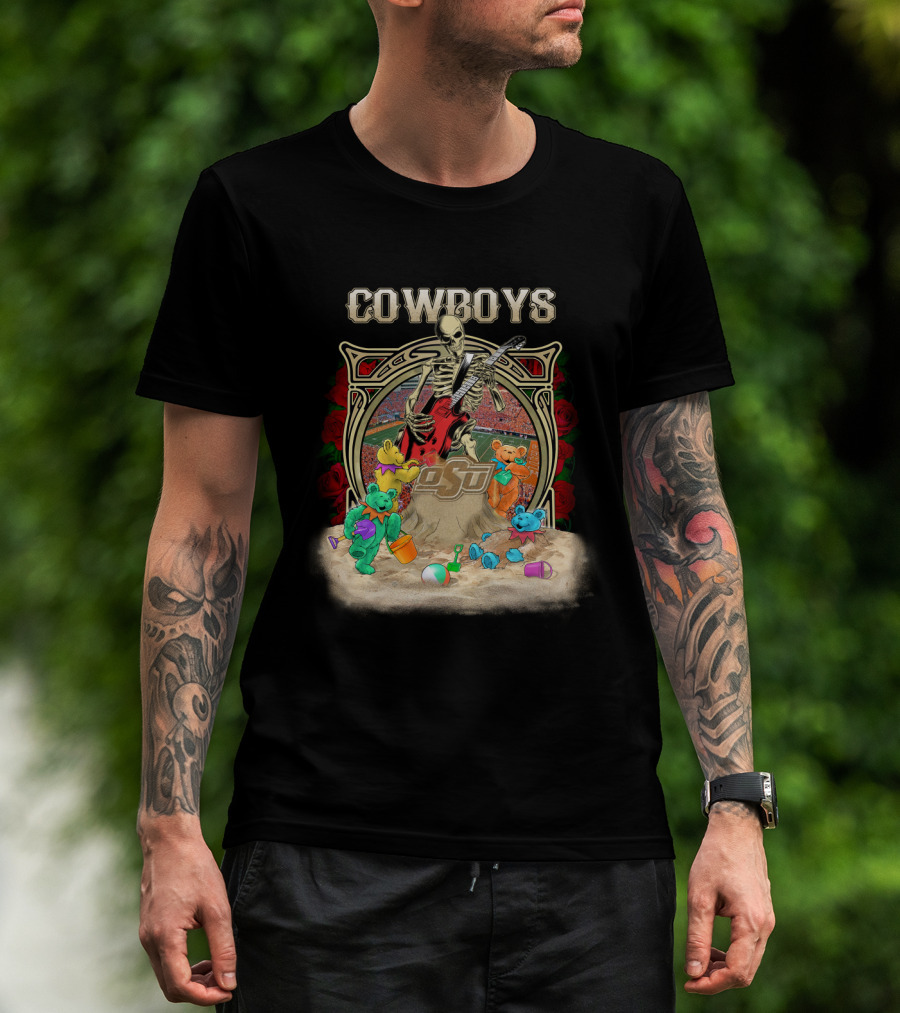 Cowboys Skeleton Guitar With Osu Ncaa1 63 Teddy Bears T-Shirt