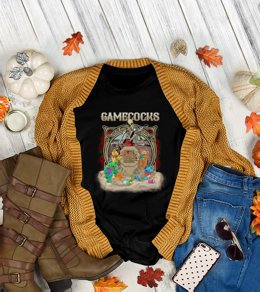 Gamecocks Skeleton With Colorful Bears Playing On Beach T-Shirt