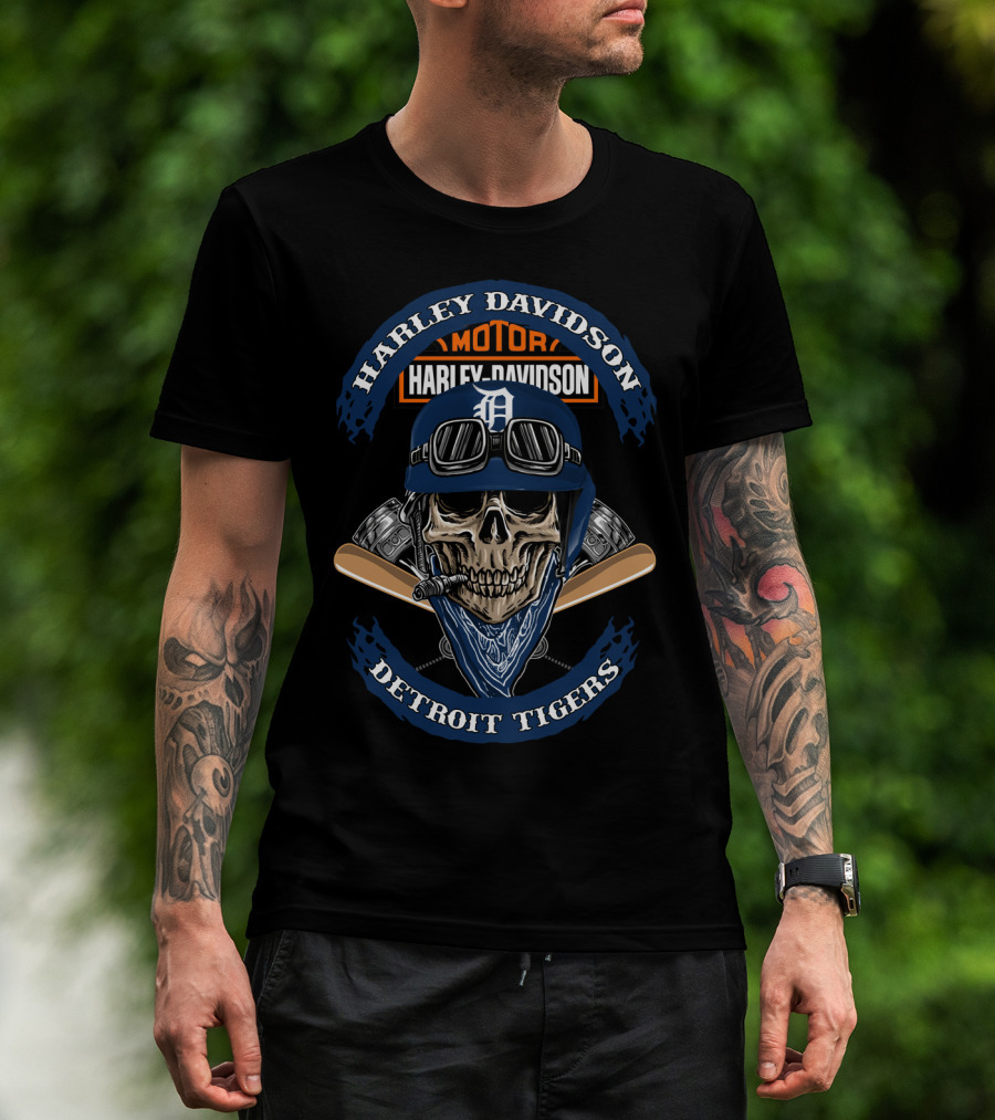 Harley Davidson Motor Detroit Tigers Skull Helmet T-Shirt