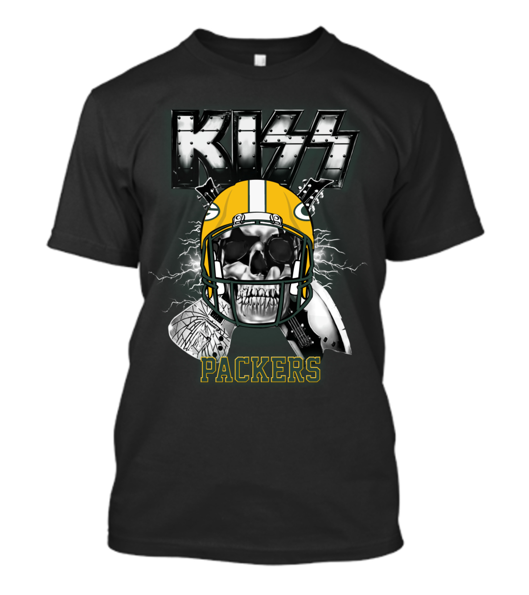 Kiss Packers Skull Helmet Electric Guitars Artwork T-Shirt