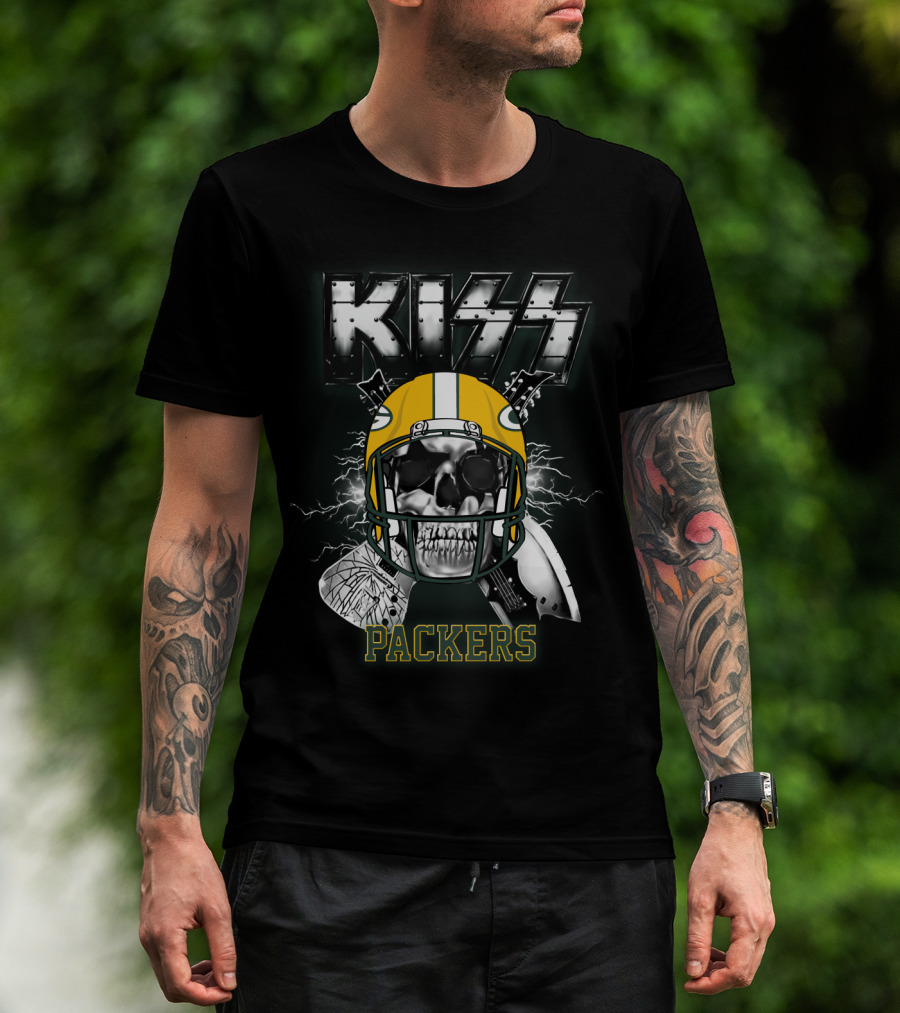 Kiss Packers Skull Helmet Electric Guitars Artwork T-Shirt