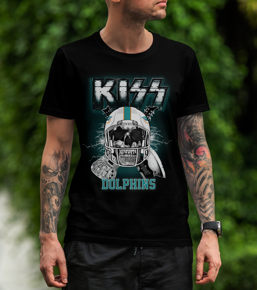 Kiss Dolphins Miami Football Skull Helmet Electric Guitars T-Shirt