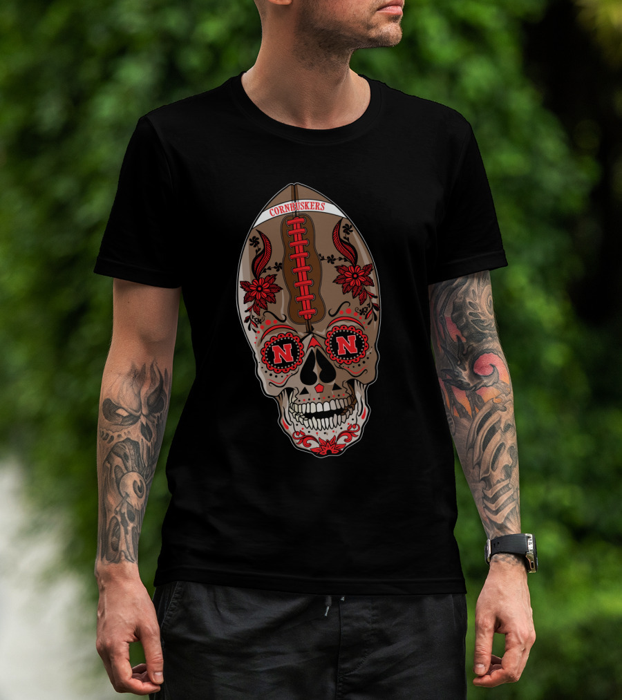 Cornhuskers Skull Football Floral N N T-Shirt