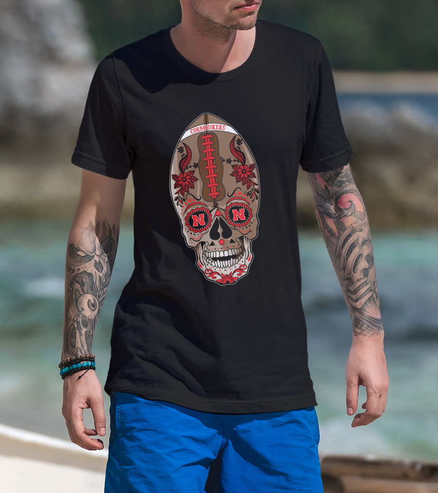 Cornhuskers Skull Football Floral N N T-Shirt
