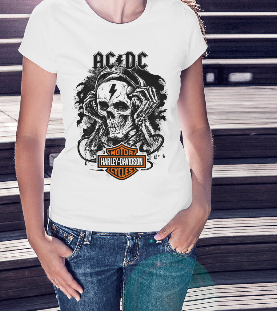 Acdc Harley Davidson Skull With Headphones T-Shirt