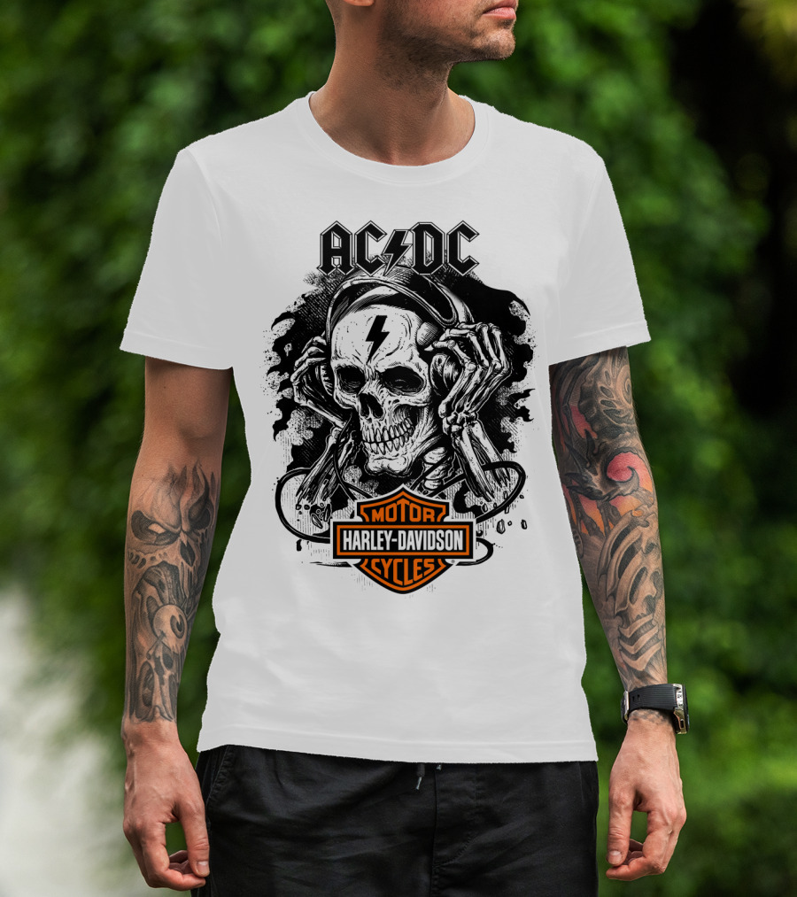 Acdc Harley Davidson Skull With Headphones T-Shirt