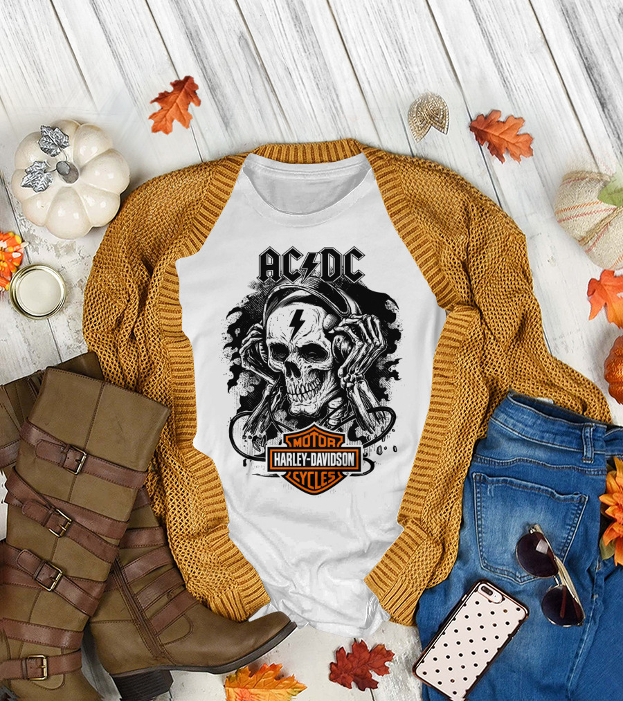 Acdc Harley Davidson Skull With Headphones T-Shirt