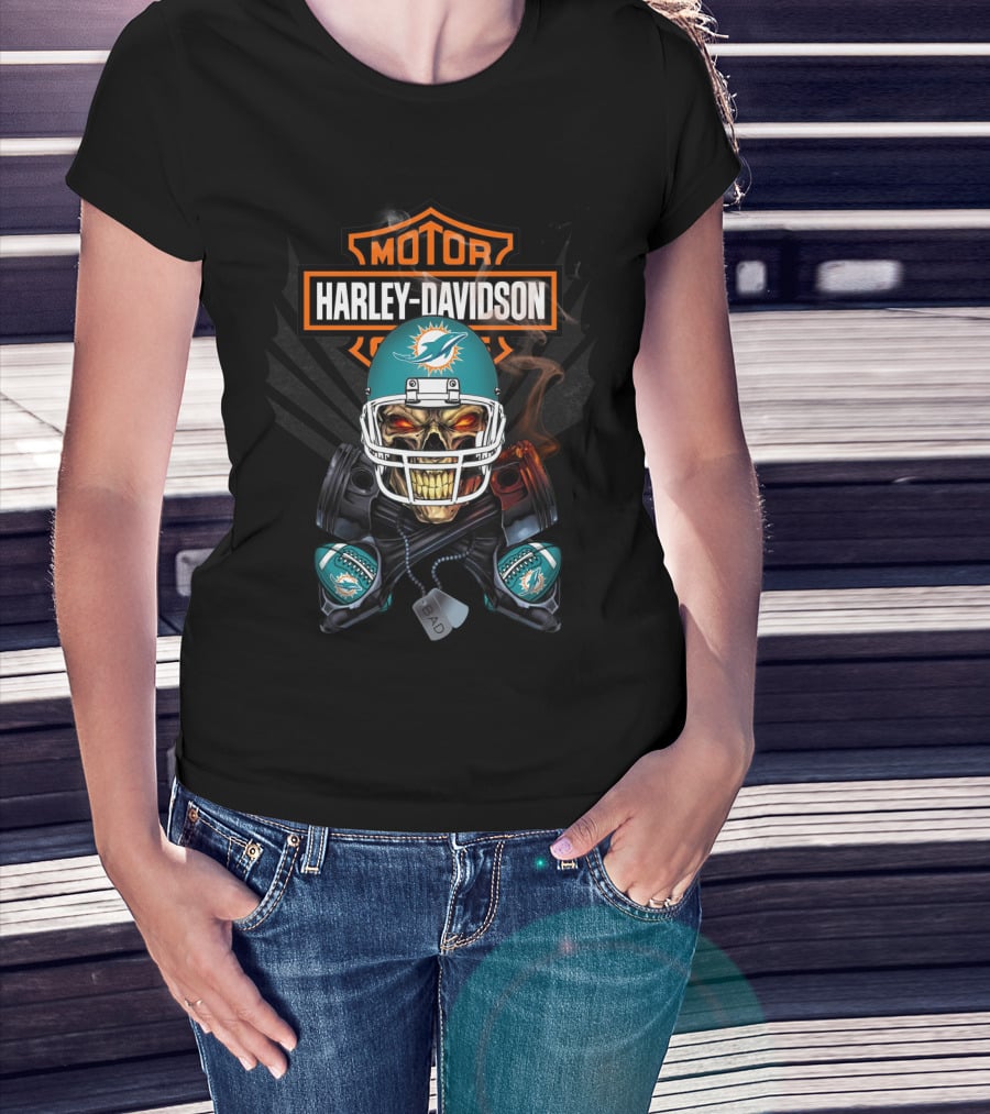 Harley Davidson Motor Miami Dolphins Skull Helmet Nfl T-Shirt