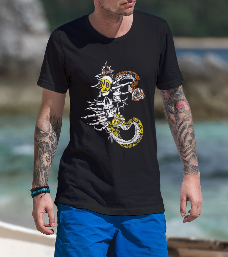 Bvb 09 Skull With Snake And Harley Davidson T-Shirt