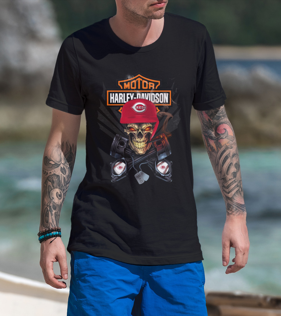 Harley Davidson Reds Skull With Piston Baseballs T-Shirt
