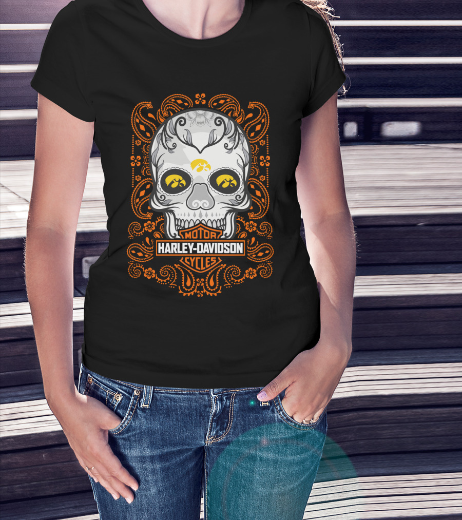 Harley Davidson Motor Cycles Iowa Hawkeyes Skull T-Shirt