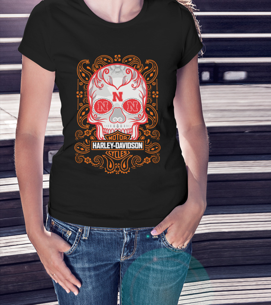 Harley Davidson Motorcycles Nebraska Ncaa Skull T-Shirt