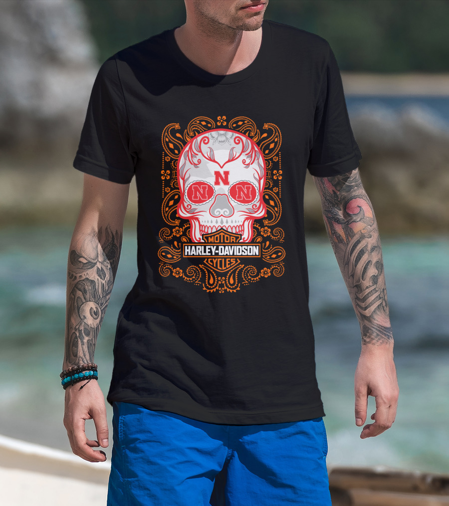 Harley Davidson Motorcycles Nebraska Ncaa Skull T-Shirt