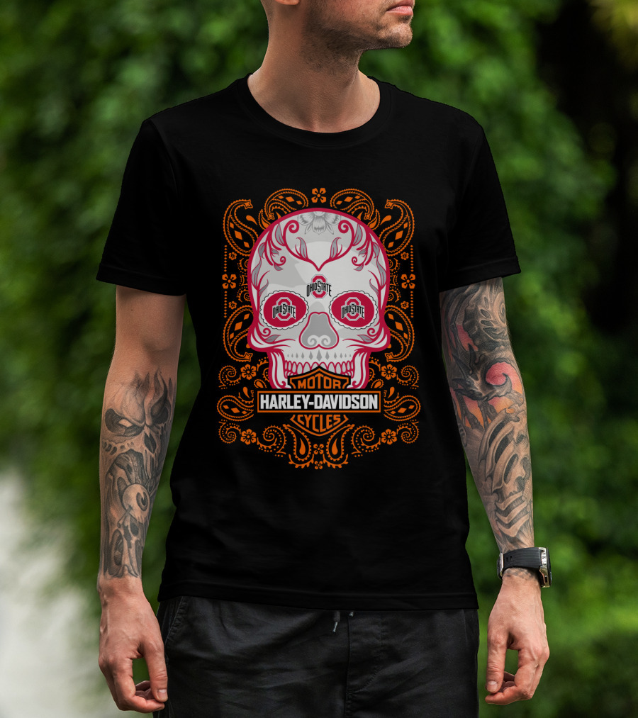 Ohio State Harley Davidson Skull Motor Cycles T-Shirt