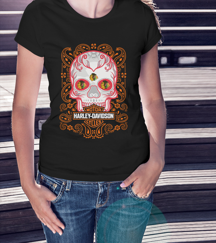 Harley Davidson Motor Cycles Nhl Chicago Blackhawks Skull Design 102 T-Shirt
