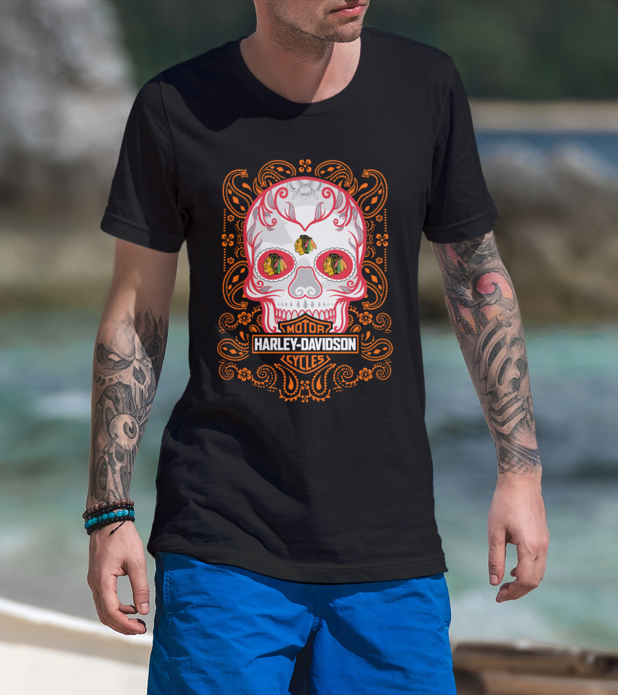 Harley Davidson Motor Cycles Nhl Chicago Blackhawks Skull Design 102 T-Shirt