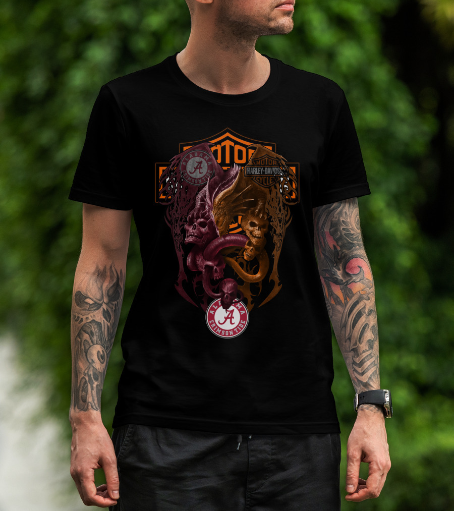Alabama Crimson Tide Harley Davidson Skulls And Serpents T-Shirt