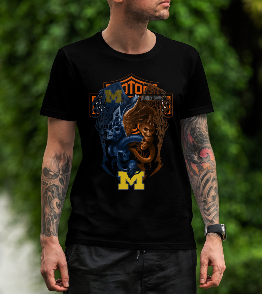 M Michigan Harley Davidson Skull And Dragon Crest T-Shirt
