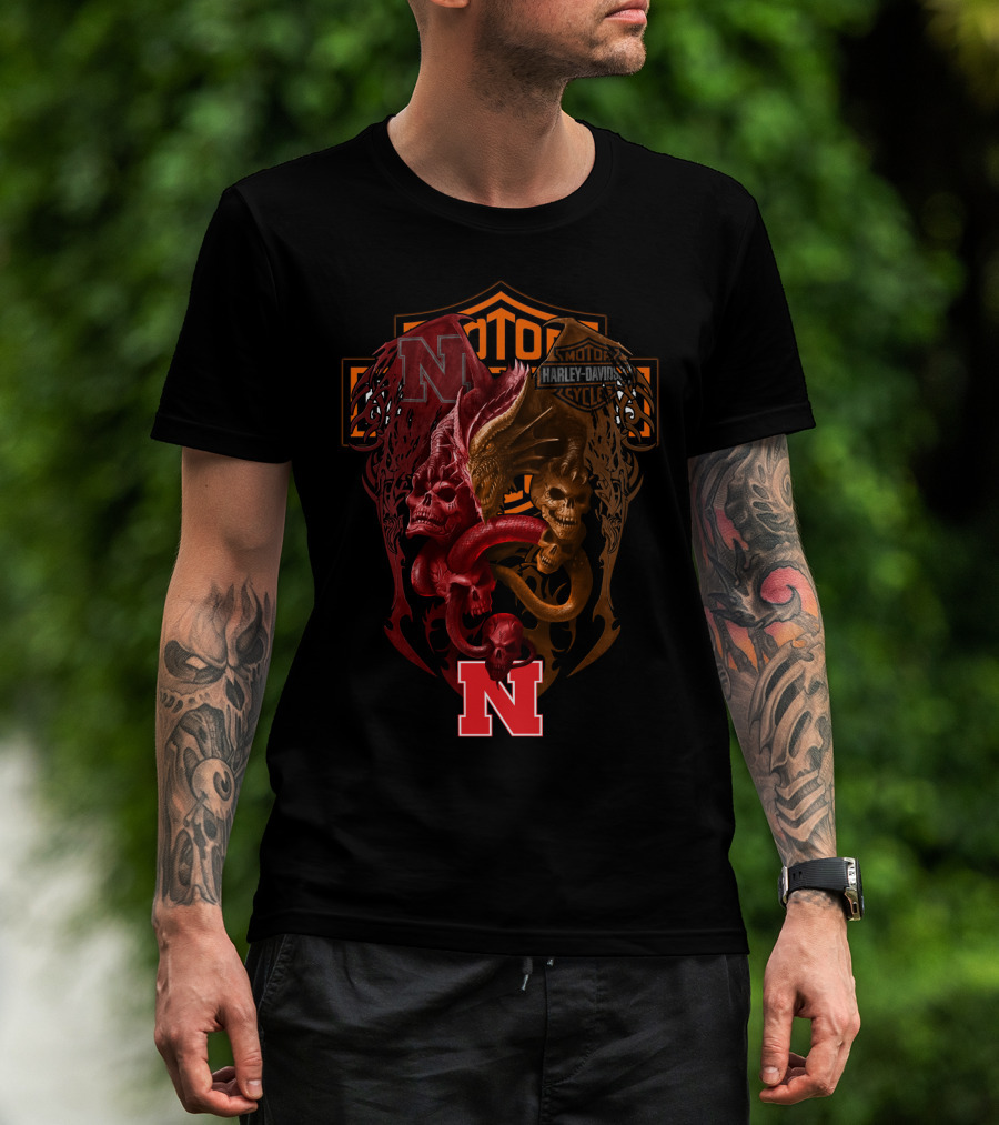 Ncaa Nebraska Red 'N' With Harley Davidson Skull And Serpents T-Shirt