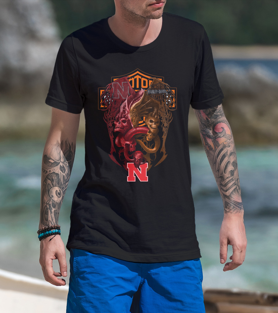 Ncaa Nebraska Red 'N' With Harley Davidson Skull And Serpents T-Shirt