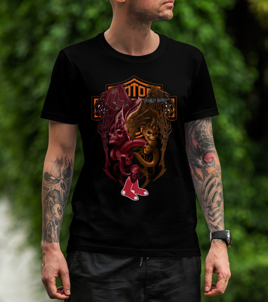 Motor Harley Davidson Skulls Red Sox Mlb Brs T-Shirt